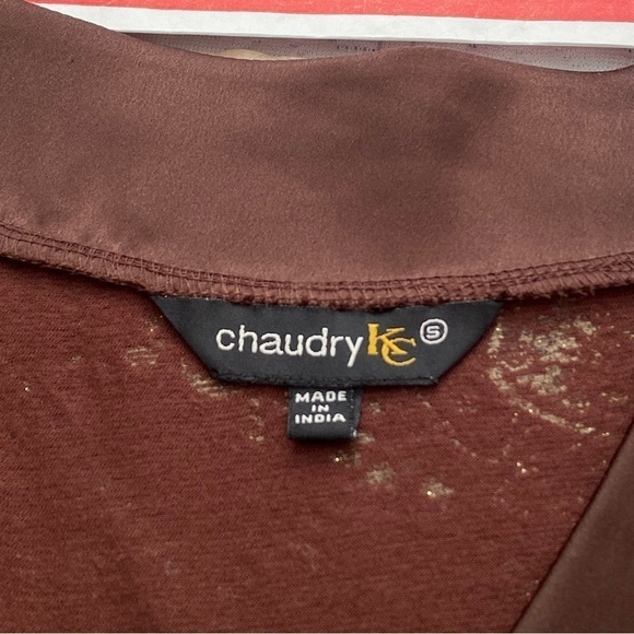 Chaudry KC Pattern Brown Metallic Gold Mini Dress Short Sleeve V-neck Bow Small - Picture 10 of 15